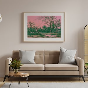 Puede incluir: Una impresi&oacute;n enmarcada de una pintura de paisaje con un cielo rosa y &aacute;rboles verdes reflejados en un cuerpo de agua tranquilo.
