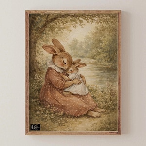 Puede incluir: Una impresión en acuarela enmarcada representa dos conejos abrazándose en un sereno entorno forestal. El conejo más grande lleva un vestido marrón, mientras que el más pequeño viste un vestido blanco. La obra de arte tiene una estética vintage con colores suaves y un tema natural.