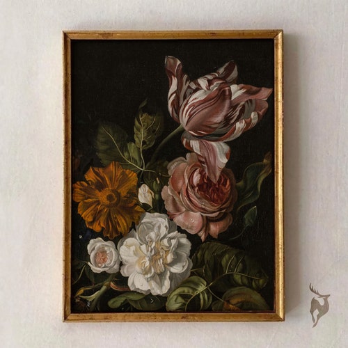 Lámina artística de naturaleza muerta floral con ambiente melancólico: Botánica victoriana vintage (Descarga digital)