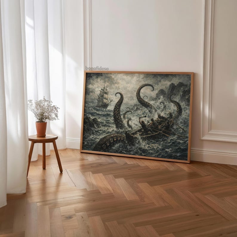 May include: A framed print depicting a dramatic sea battle. The artwork shows a ship and a small boat under attack by a giant octopus in stormy waters. The print is in a wooden frame and is displayed on a wooden floor.