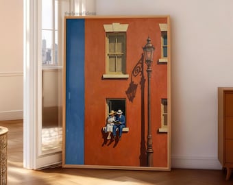 Arte mural digital de pareja de amantes de los libros, pintura estética para decoración del hogar, impresión cálida y soleada, impresión de amante de los libros, decoración de dopamina