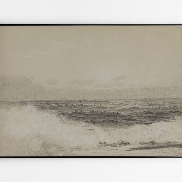 Muted Ocean Waves Vintage Painting, Vintage Oil Painting, Storm Sketch, Vintage Printable Art, Antique Original Artwork, Ocean Storm