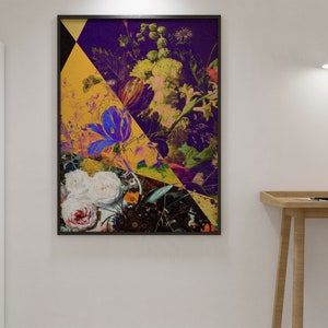 May include: A framed abstract art print featuring a collage of colorful flowers and leaves. The print is set against a white wall and features a geometric design with a yellow triangle.