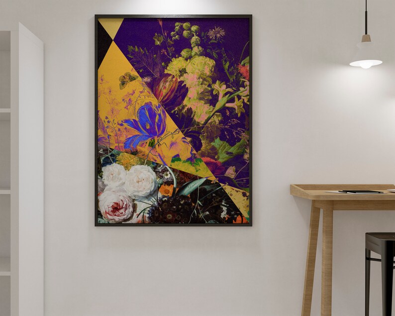 May include: A framed abstract art print featuring a collage of colorful flowers and leaves. The print is set against a white wall and features a geometric design with a yellow triangle.