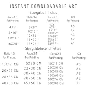 May include: A chart showing different print sizes in inches and centimeters for art prints. The chart includes standard paper sizes like A5, A4, A3, A2, and A1. The chart also includes ratios for printing, such as 4:5, 3:4, and 2:3.