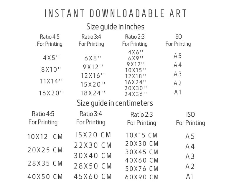 May include: A chart showing different print sizes in inches and centimeters for art prints. The chart includes standard paper sizes like A5, A4, A3, A2, and A1. The chart also includes ratios for printing, such as 4:5, 3:4, and 2:3.