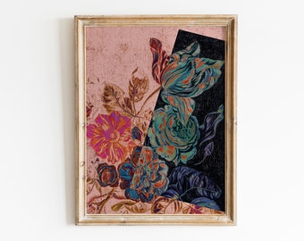 May include: A framed print of a floral arrangement with a pink, blue, and green color scheme. The flowers are arranged in a modern, abstract style.