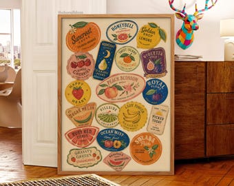 Konsttryck med vintage fruktklistermärken | Retro köksinredning (digital nedladdning)