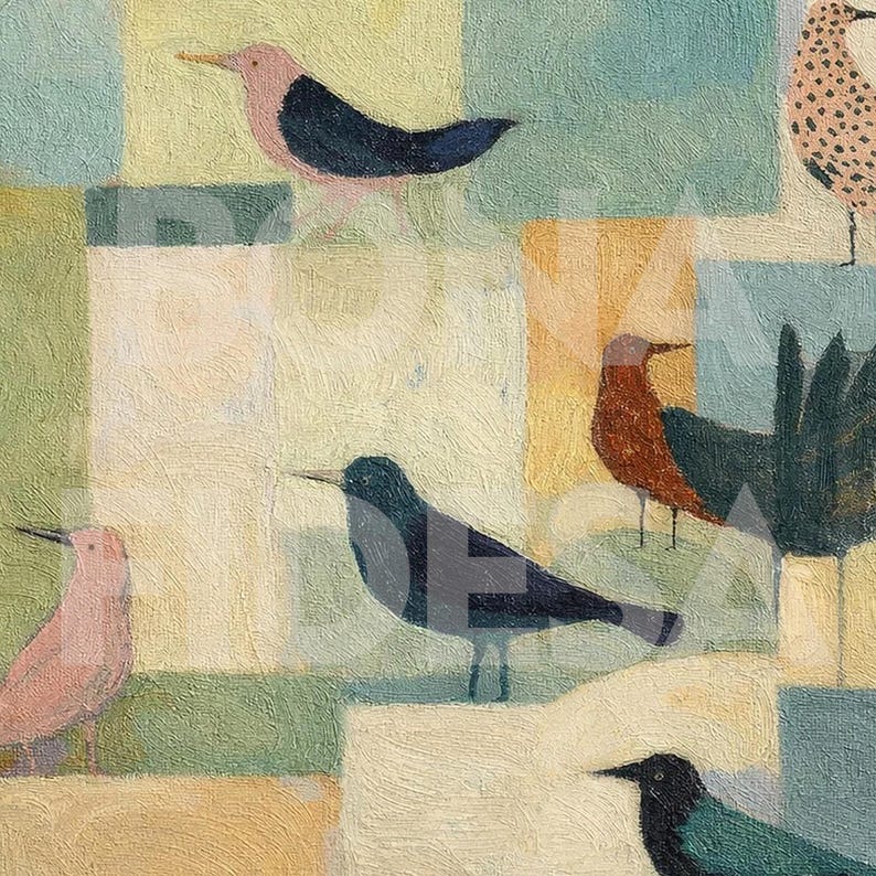 May include: An abstract painting featuring several stylized birds in various colors, including pink, navy, and rust. The birds are set against a backdrop of textured, square-shaped blocks in muted tones of green, yellow, and blue. The artwork has a vintage, artistic feel.