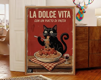 Hungry Cat Spaghetti Print, Humorous Poster, Funny Wall Art for Kitchen