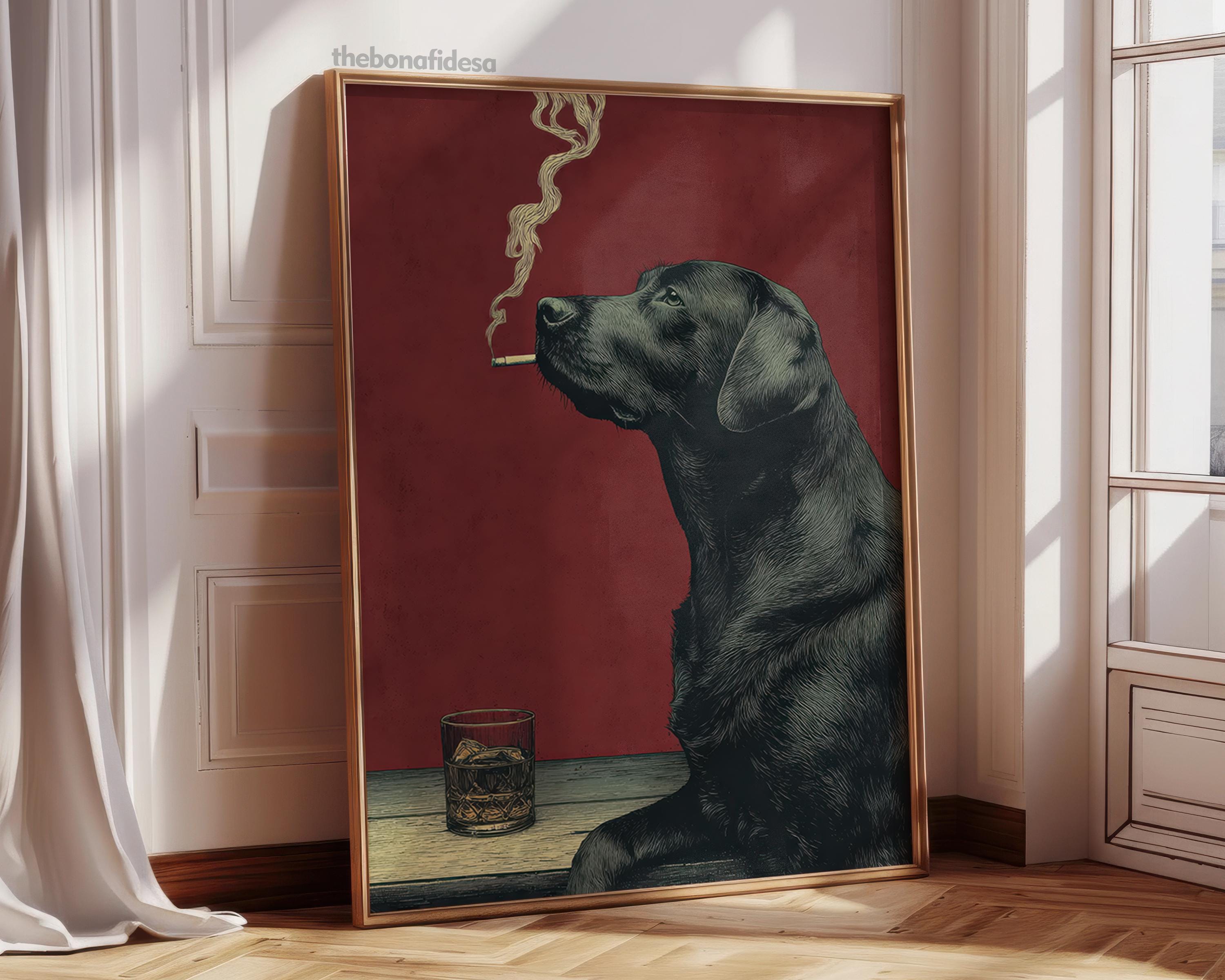 Smoking Dog Poster, Retro Funny Animal Wall Art, Cool Black Dog