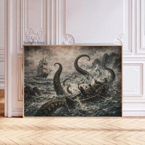 May include: A framed vintage print depicting a sea battle with a giant octopus attacking a ship and a small boat. The artwork is in shades of gray and brown, with the text "bonafidesa" in the upper left corner.