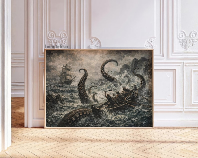May include: A framed vintage print depicting a sea battle with a giant octopus attacking a ship and a small boat. The artwork is in shades of gray and brown, with the text "bonafidesa" in the upper left corner.