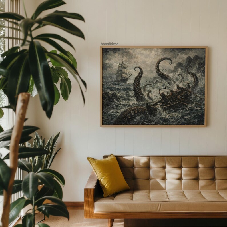 May include: A framed vintage-style print depicts a ship and a small boat under attack by a giant octopus in a stormy sea. The artwork is in shades of gray and brown, with the word "bonafidesa" in the top right corner.