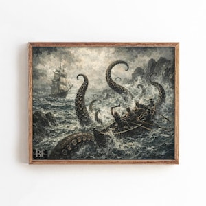 May include: Framed vintage print depicting a sea battle with a ship, a small boat, and giant tentacles rising from the ocean. The artwork is in shades of gray and brown, with a stormy sky and rough waves.