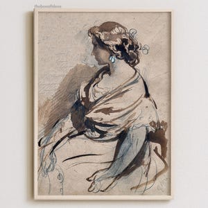 Antique Female Sketch Art Print, Drawing of a Woman Printable, Neutral European Prints Digital, Vintage Figure Drawing, Feminine Wall Decor