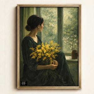 May include: A framed vintage-style painting depicts a woman gazing out a window. She wears a dark green dress and holds a bouquet of yellow flowers. The artwork has a gold frame and a serene, contemplative atmosphere.