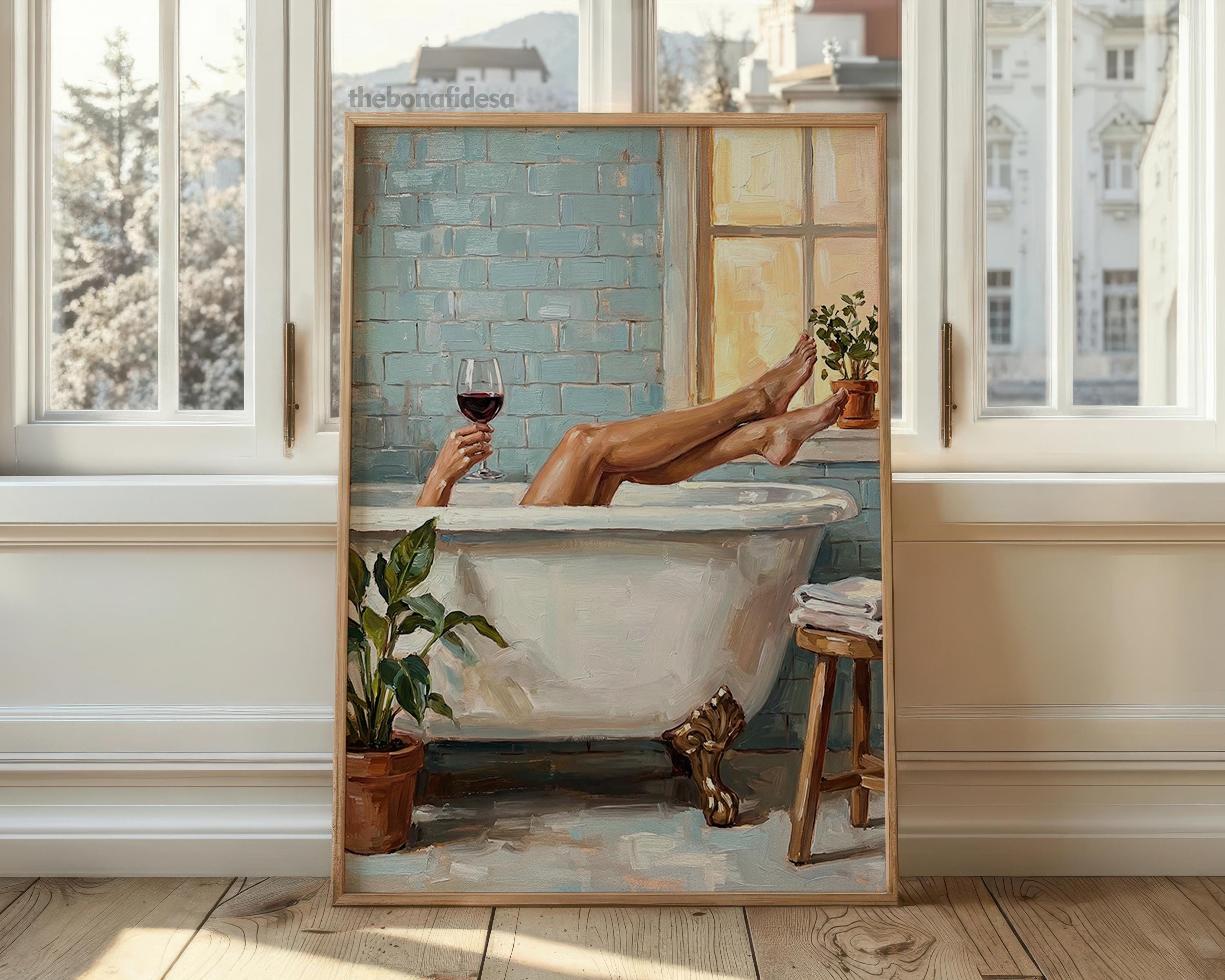Modern Bathroom Wall Art Printable | Pink Bathtub With Martini Glass ...