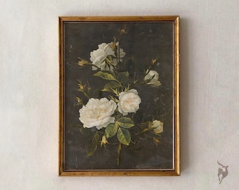 Moody White Rose Floral Print, Dark Academia Wall Art (Digital Download)