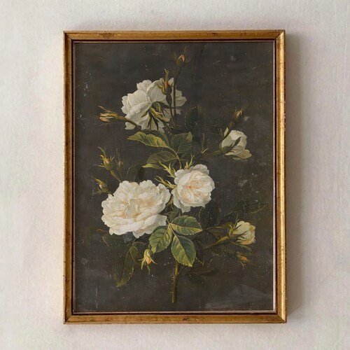 Lámina floral de rosas blancas con un toque melancólico, arte mural de estilo Dark Academia (descarga digital)