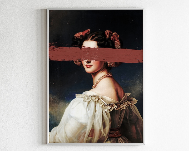 May include: A vintage portrait of a woman with a red headband, her eyes are covered by a thick, horizontal brushstroke of red paint. She is wearing a white dress with lace detailing and a pearl necklace.
