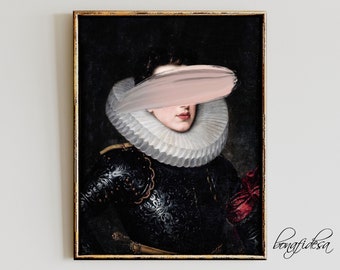 Cuadro surrealista de estilo barroco que representa a una mujer renacentista para interiores eclécticos.