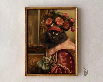 Surreal Cat Poster, Maximalist Decor, Moody Wall Art Prints, Vintage Oil Painting Poster, Dark Academia Decor, Eclectic Printable Art