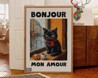 Bonjour Mon Amour Black Cat French Art