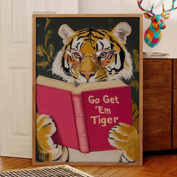 Motivational Tiger Reading Print: Humorous Bookworm Wall Art for Library, Office or Study Decor