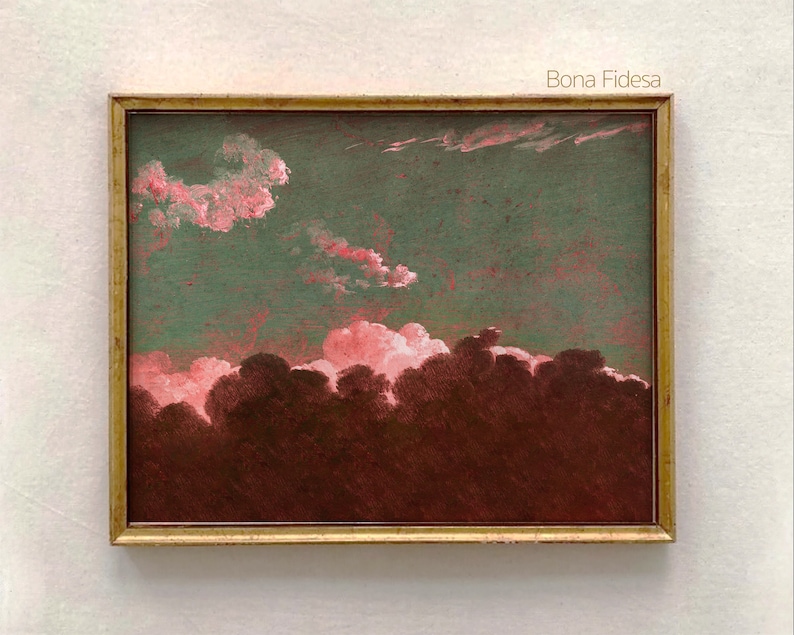 May include: A framed painting of a cloudy sky with pink clouds against a green background. The bottom of the painting is a dark red color.