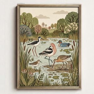 Puede incluir: Una l&aacute;mina art&iacute;stica enmarcada que representa una escena de humedal con cuatro aves distintas, incluyendo una cig&uuml;e&ntilde;uela, una avoceta de pecho rosado, un correlimos peque&ntilde;o y un pato cerceta nadando, rodeados de espada&ntilde;as y &aacute;rboles.