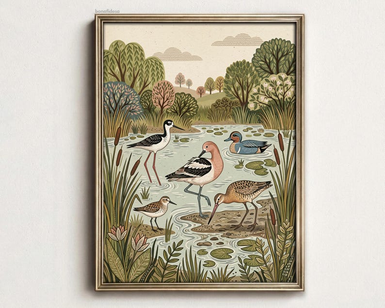 Puede incluir: Una l&aacute;mina art&iacute;stica enmarcada que representa una escena de humedal con cuatro aves distintas, incluyendo una cig&uuml;e&ntilde;uela, una avoceta de pecho rosado, un correlimos peque&ntilde;o y un pato cerceta nadando, rodeados de espada&ntilde;as y &aacute;rboles.