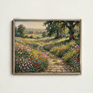 Op de afbeelding: Een ingelijst landschapsschilderij toont een pad door een weide vol wilde bloemen dat naar een ver weg gelegen huis leidt. Het pad wordt geflankeerd door kleurrijke wilde bloemen in roze, rood, geel en blauw. Het kunstwerk wordt gepresenteerd in een gouden lijst, wat de landelijke scène versterkt.