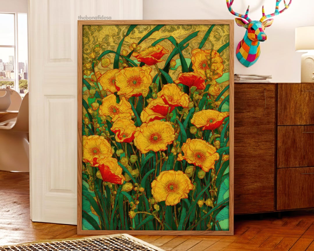 Retro Botanical Wall Art Mustard Yellow Flower Poster Mid-century ...
