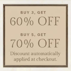May include: A framed sign with text offering discounts. The sign reads "BUY 3, GET 60% OFF" and "BUY 5, GET 70% OFF." The text "Discount automatically applied at checkout" is also displayed.