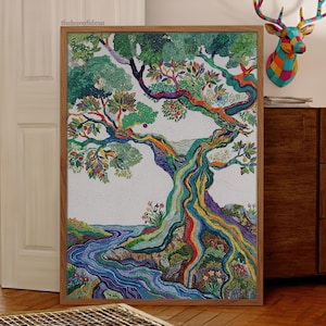 Quadro decorativo de árvore arco-íris para parede – Pôster colorido da natureza, arte botânica abstrata, decoração vibrante e contemporânea para casa, ilustração moderna de árvore.