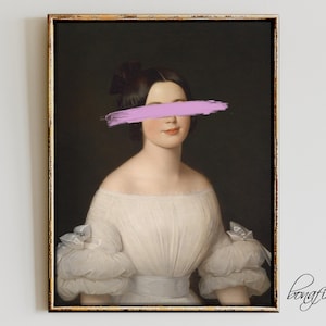 May include: A portrait of a woman with a pink brushstroke covering her eyes. She is wearing a white dress with a ruffled neckline and sleeves. The background is a dark brown.