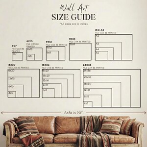 May include: Wall art size guide with dimensions in inches. Includes sizes like 5x7, 8x10, 9x12, 11x14, 16x20, 18x24, and 24x36, along with ISO A2, A3, A4, and A5 sizes. The sofa below the guide is 90 inches long.