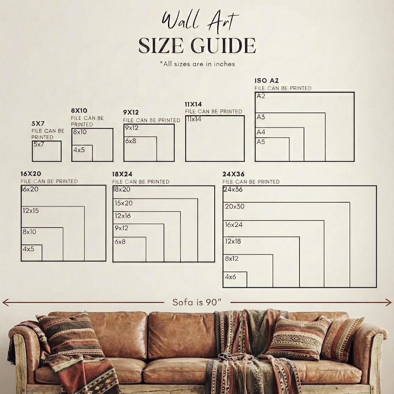 May include: Wall art size guide with dimensions in inches. Includes sizes like 5x7, 8x10, 9x12, 11x14, 16x20, 18x24, and 24x36, along with ISO A2, A3, A4, and A5 sizes. The sofa below the guide is 90 inches long.