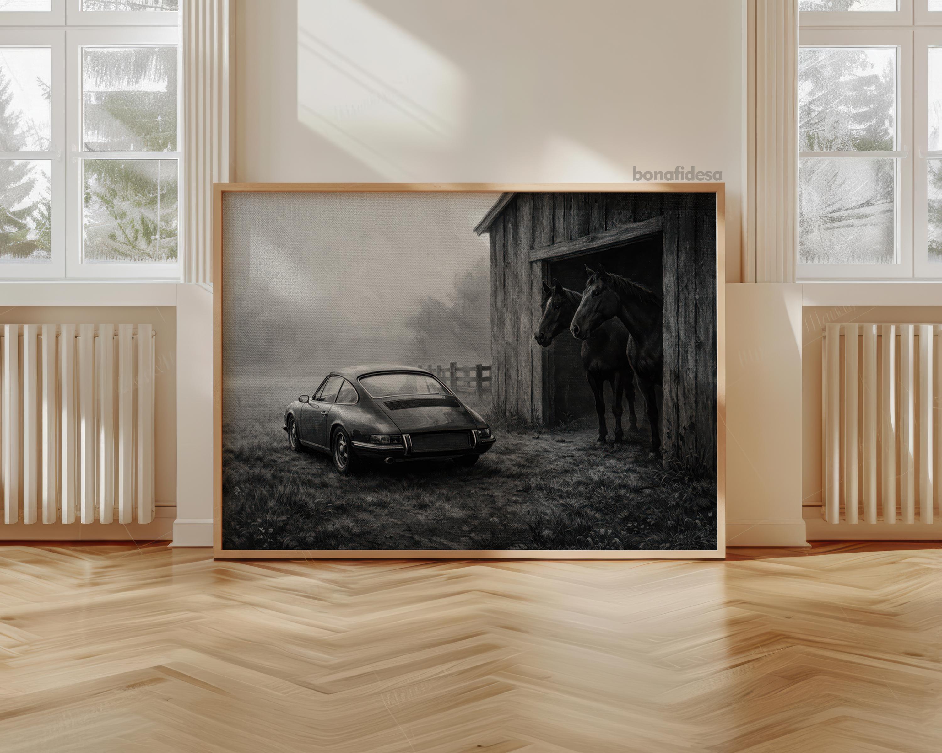Vintage Car and Horses Print - Black and White Classic Wall Art