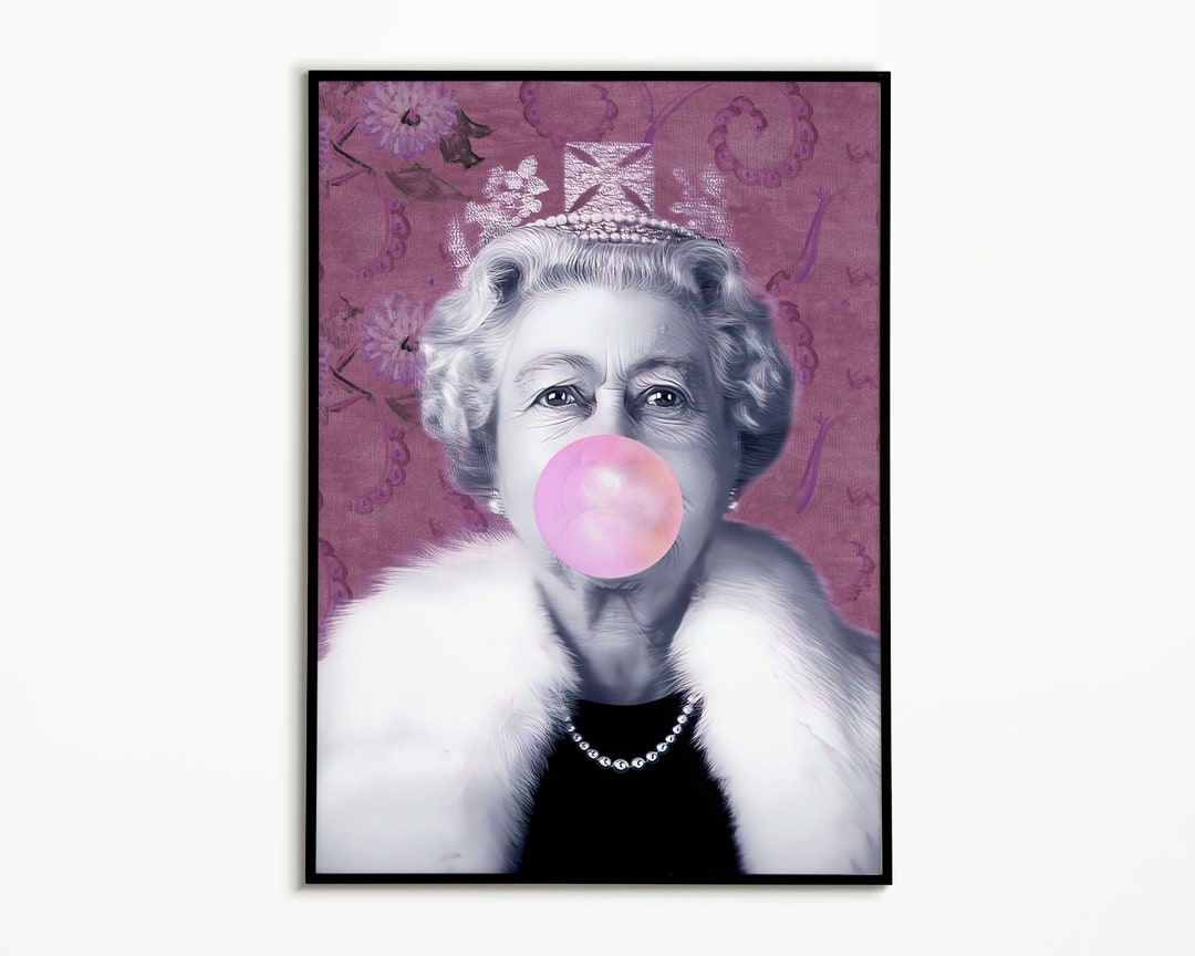 Queen Elizabeth Portrait, BubbleGum Poster, Altered Art, Funky Wall Art, Maximalist Decor, Vintage, Queen Elizabeth ii, Download Print