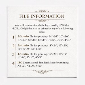Puede incluir: Una tarjeta informativa blanca con texto marr&oacute;n oscuro titulada FILE INFORMATION. Enumera cuatro archivos JPG escalables de alta calidad en RGB 300dpi, detallando proporciones de impresi&oacute;n y dimensiones en pulgadas para formatos 2:3, 3:4, 4:5 e ISO.