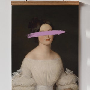 May include: A vintage portrait of a woman in a white dress with a pink brushstroke covering her eyes.