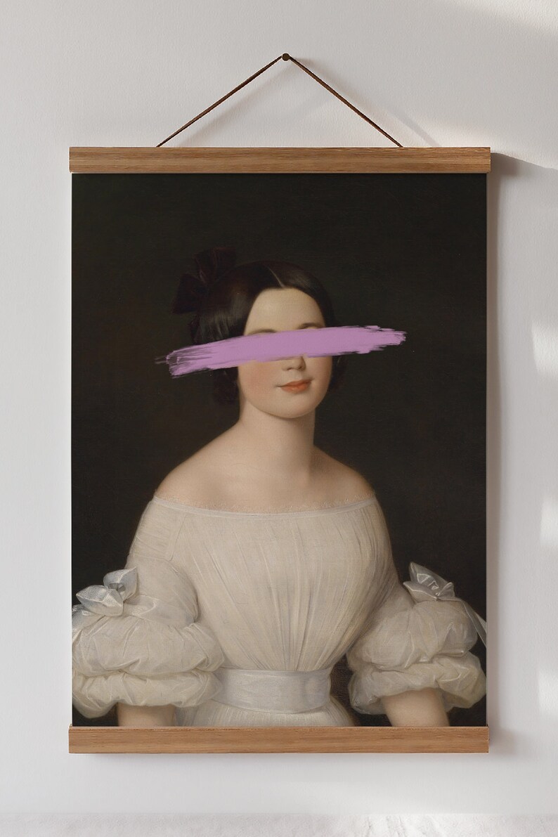 May include: A vintage portrait of a woman in a white dress with a pink brushstroke covering her eyes.