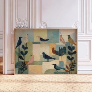 May include: A framed art print featuring a whimsical illustration of various birds perched on stylized plants. The artwork showcases a palette of muted blues, greens, and yellows, with a geometric background. The artist's name, bonafidesa, is visible in the upper left corner.