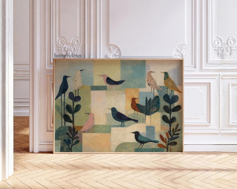 May include: A framed art print featuring a whimsical illustration of various birds perched on stylized plants. The artwork showcases a palette of muted blues, greens, and yellows, with a geometric background. The artist's name, bonafidesa, is visible in the upper left corner.