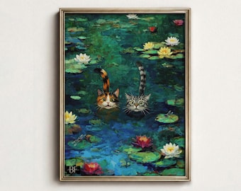 Monet Inspired Art Print: Whimsical Water Lilies Funny Cat Wall Art