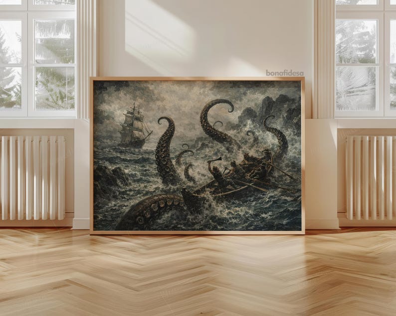 May include: A framed vintage illustration depicts a sea battle with a giant squid attacking a ship and a rowboat. The artwork is in shades of gray and white, with dramatic waves and tentacles. The image is set in a room with wood flooring and white trim.