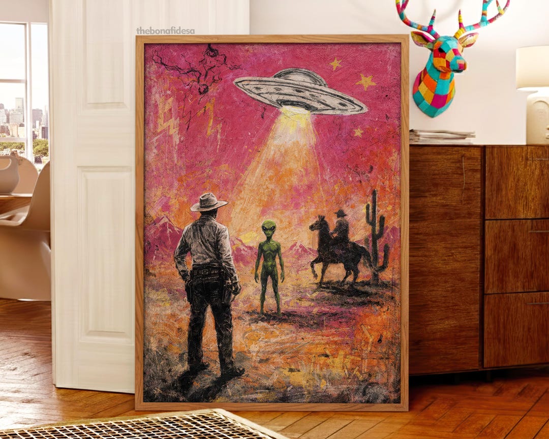Alien Cowboy Printable Wall Art, Retro UFO Western, Pink Desert Sci-fi ...