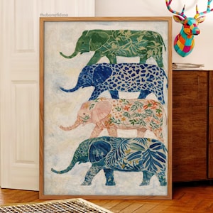 Elephant Nursery Printable Wall Art, Boho Jungle Kids Decor, Stacked Elephants, Gender Neutral Digital Download, Baby Shower Gift